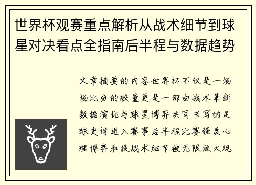 世界杯观赛重点解析从战术细节到球星对决看点全指南后半程与数据趋势